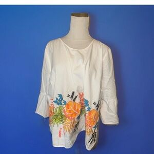 Crown And Ivy White Embroidered Shirt 3X Floral Blue cotton